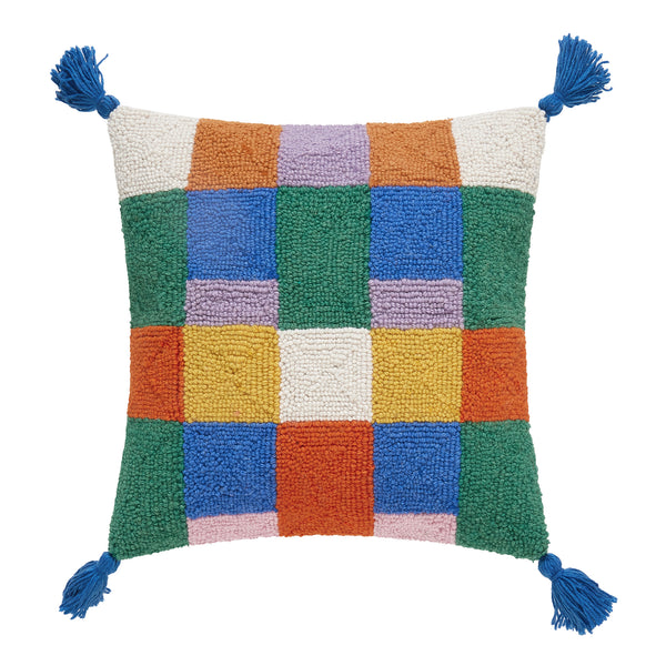Colorful Check w/Tassels Hook Pillow Poly Filled