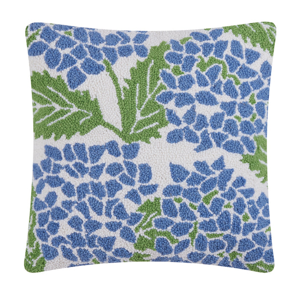 Hydrangea cut paper collage hand-hooked wool accent pillow by Kate Nelligan Design