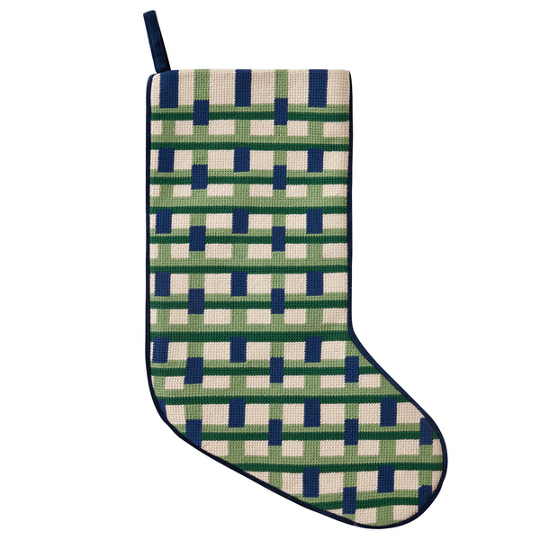 Abstract Plaid Blue Embroidered Needlepoint Style Stocking