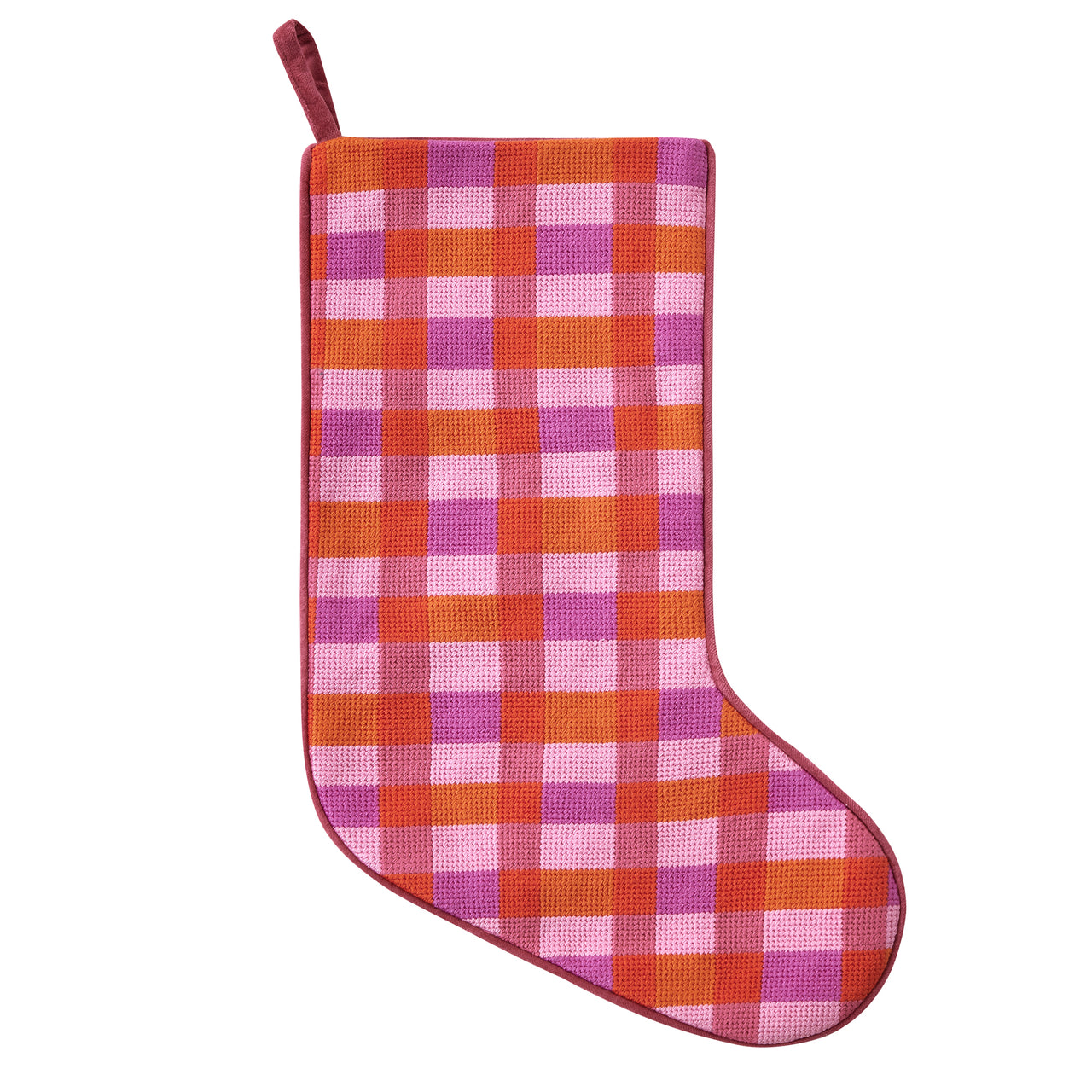 Abstract Plaid Pink Embroidered Needlepoint Style Stocking