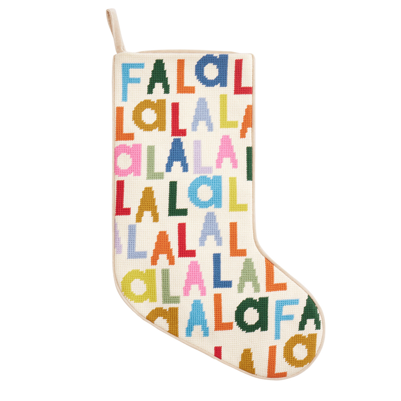 Fa La La Embroidered Needlepoint Style Stocking