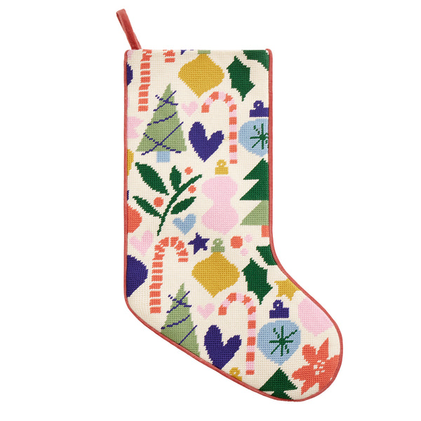 Holiday Icons Embroidered Needlepoint Style Stocking