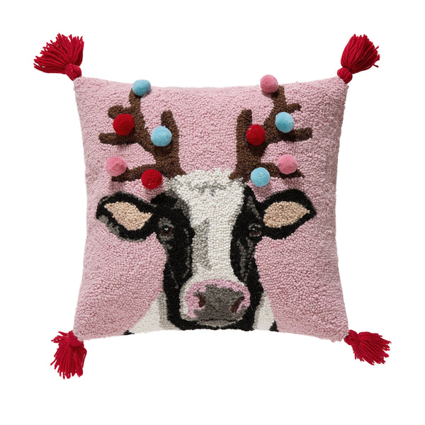 Cow Reindeer Poms/Tassels Hook Pillow Poly Filled