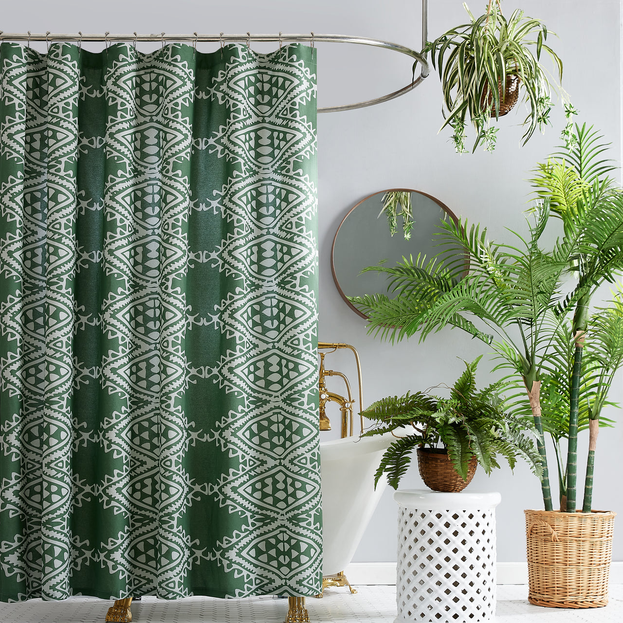 Aisha green boho shower curtain in warm earth tones with vintage botanical design