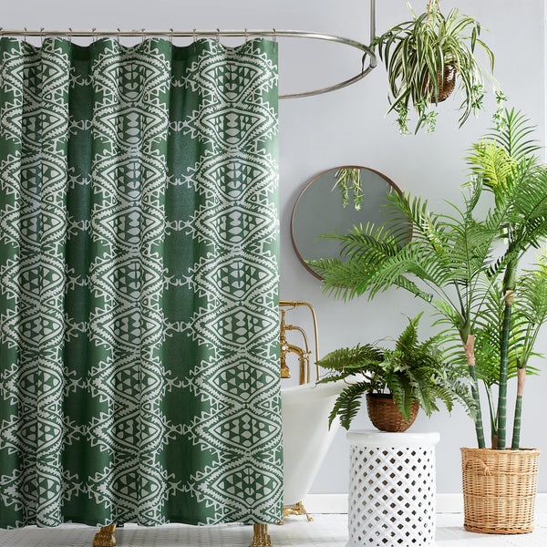 Aisha green boho shower curtain in warm earth tones with vintage botanical design