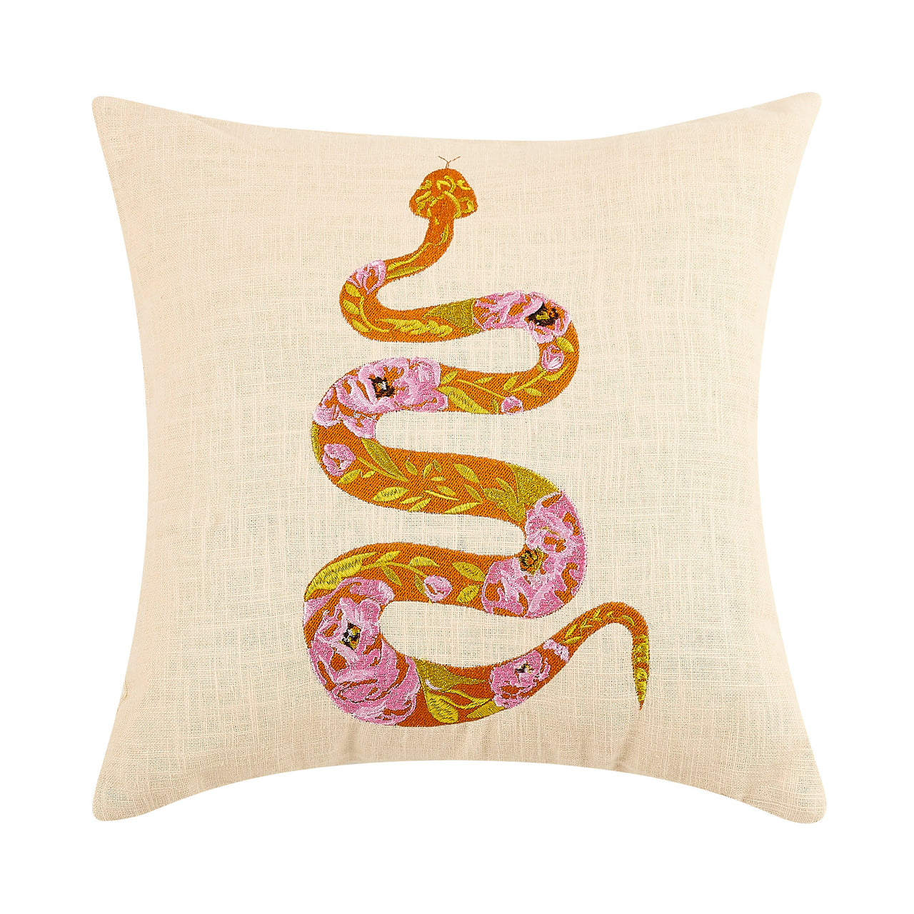 Orange Rose Snake Embroidered Pillow, 16"x16"