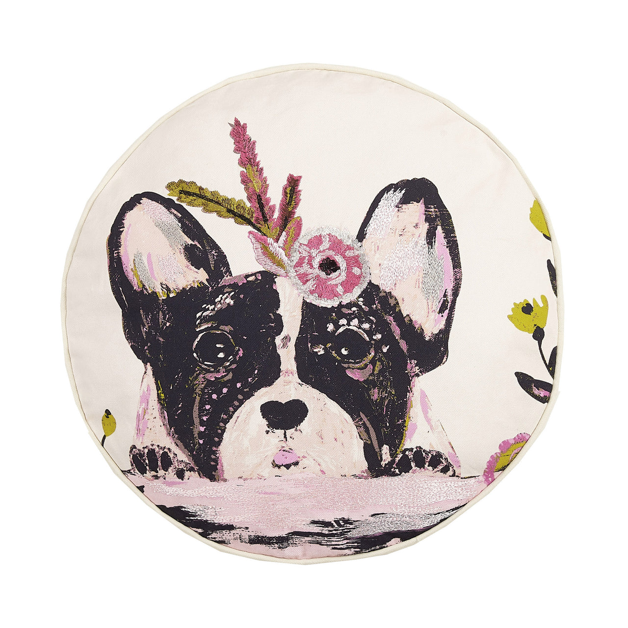 Floral Frenchie Embroidered Throw Pillow