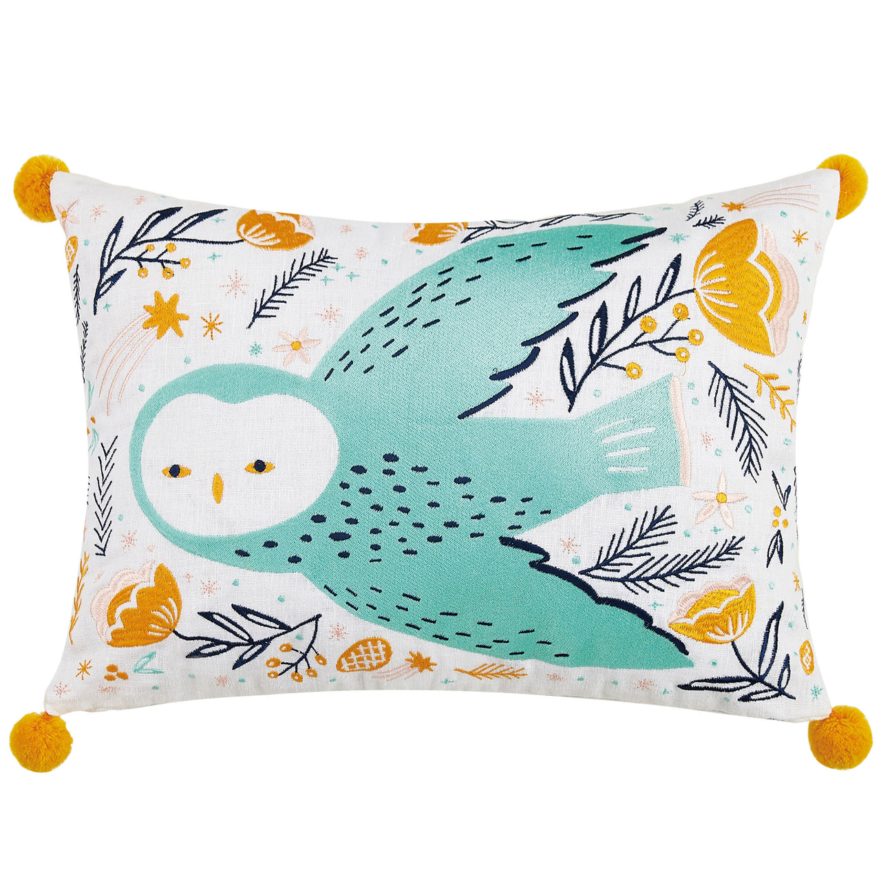 Owl Embroidered Throw Pillow with Pom-Poms